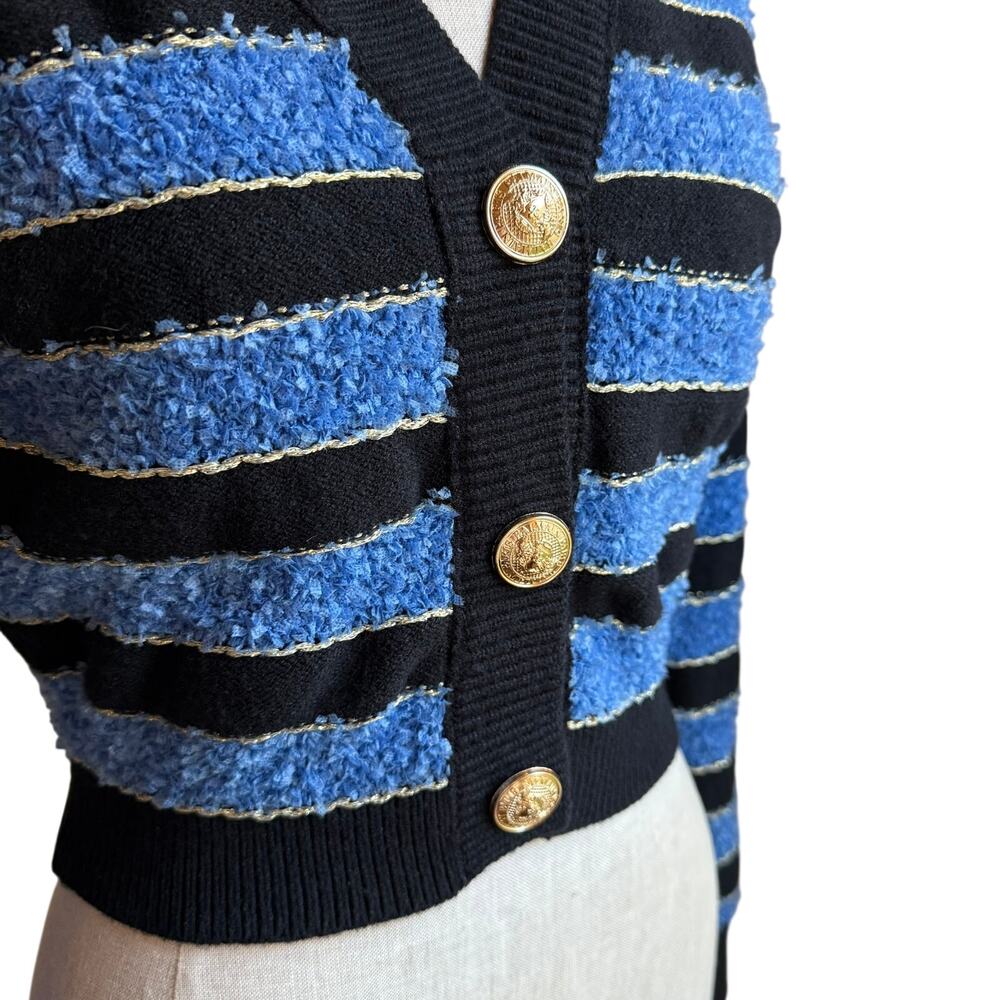Cider Blue Black Striped Cropped Cardigan Gold Buttons Womens M